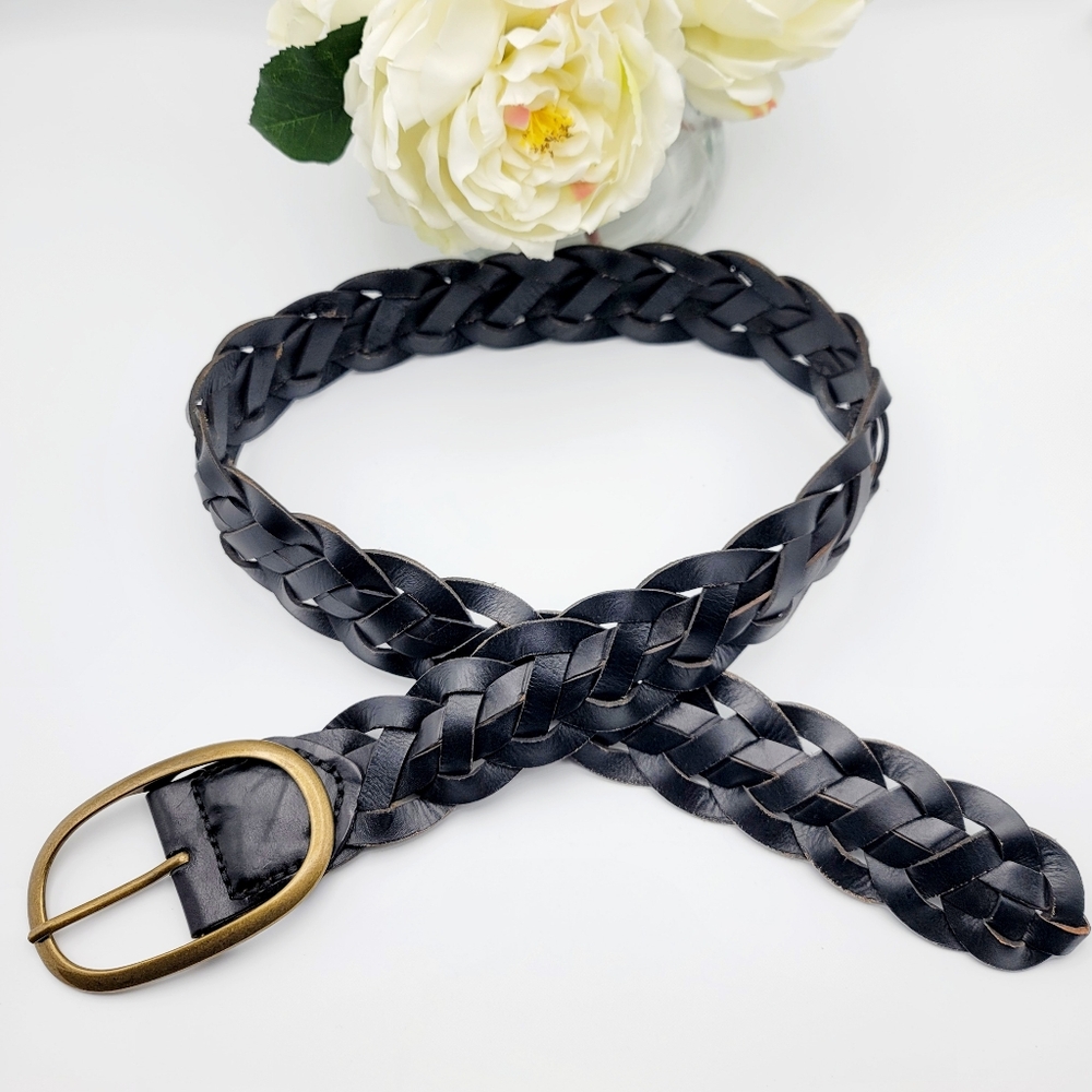100% Leather Black Braided Leather Belt Gold Buckle NEW NWT Vidorra Retro OS